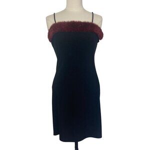 Vintage 90s Y2K Misope Black Mini Dress Burgundy Faux Fur Trim Medium USA Made